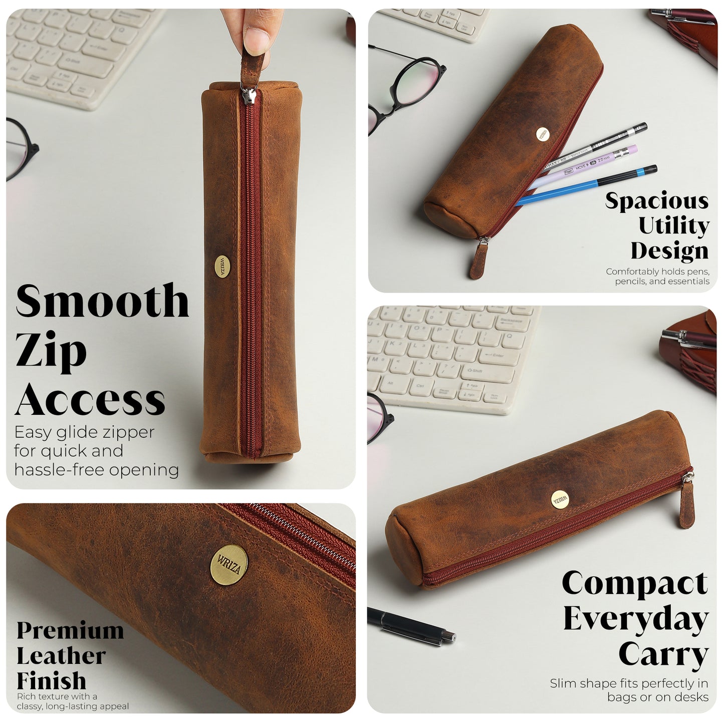 WRIZA Handcrafted Genuine Leather Pen & Pencil Case | Vintage Brown Stationary Pouch & Travel Organizer for Professionals, Students, and Artists | Slim Premium Pen Holder Case