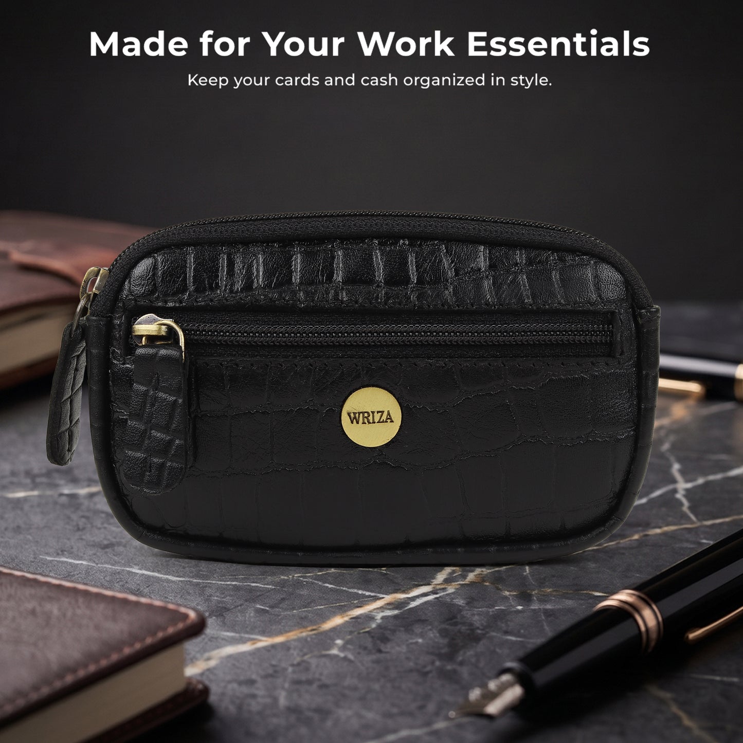 WRIZA Genuine Leather Coin Purse for Women | Mini Key Pouch with Zipper & Keychain Holder