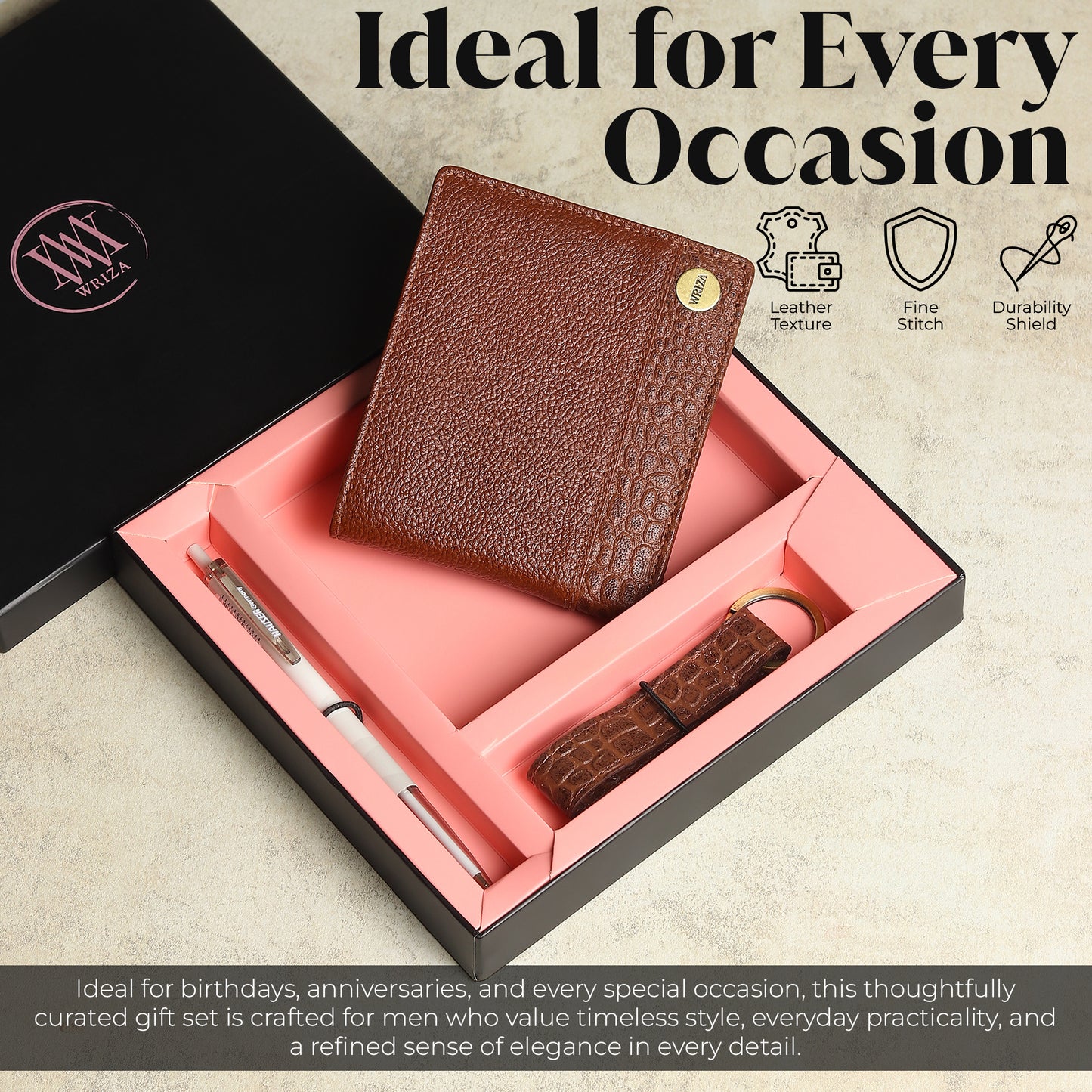 WRIZA Men's Genuine Leather Wallet, Pen & Keychain Gift Set | Premium Croc Texture Combo Box for Birthday, Anniversary & Corporate Gifting