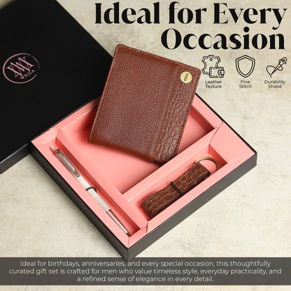 WRIZA Men's Genuine Leather Wallet, Pen & Keychain Gift Set | Premium Croc Texture Combo Box for Birthday, Anniversary & Corporate Gifting