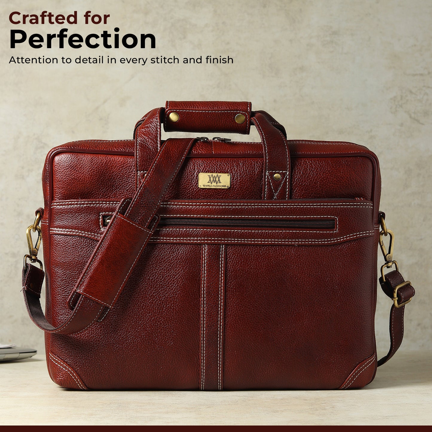 WRIZA Premium Genuine Leather Laptop Bag for Men | 15.6 Inch Office Messenger Bag with Padded Laptop Compartment & Adjustable Shoulder Strap