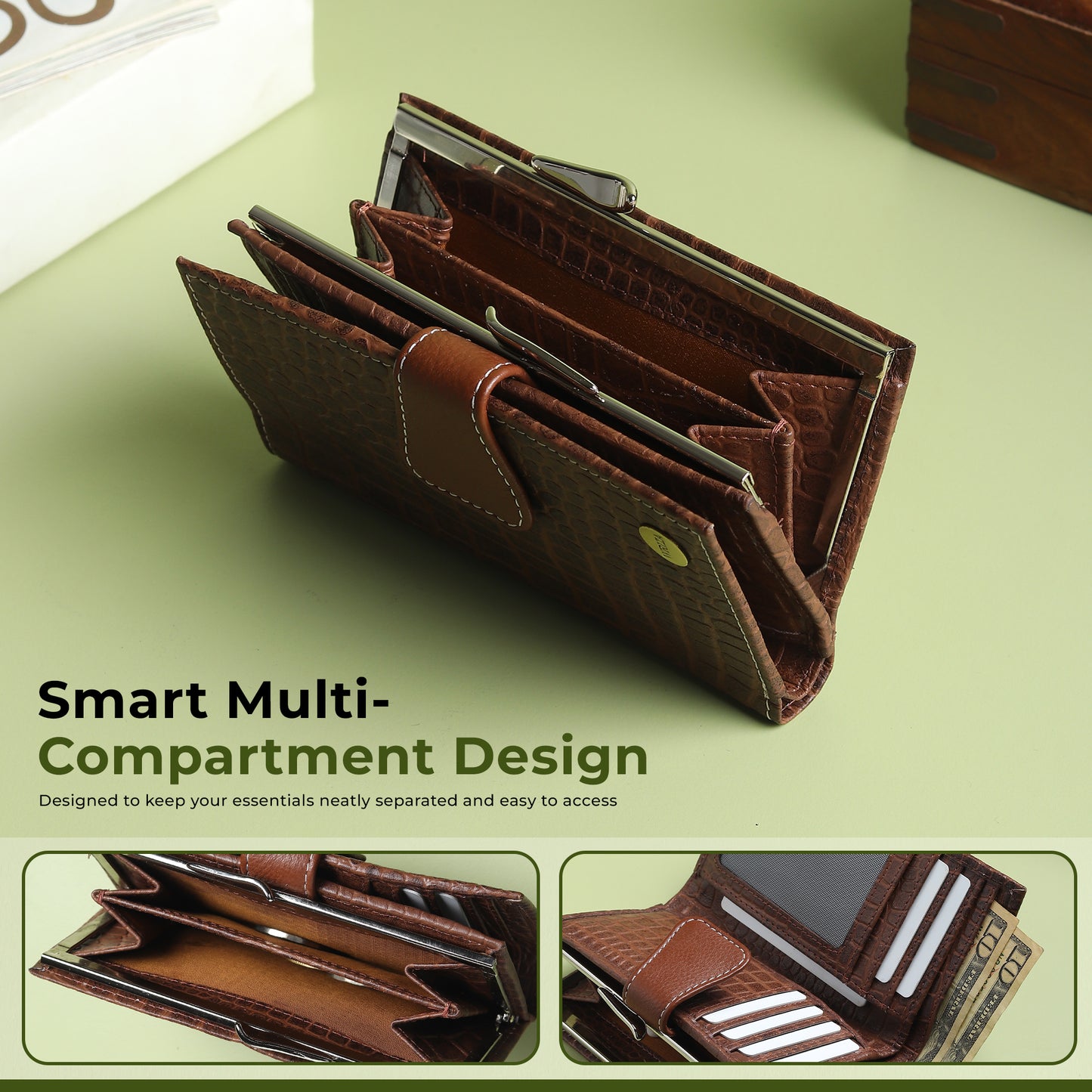 WRIZA Genuine Leather Clutch for Women | Croco Pattern Leather Wallet with 7 Card Slots & 3 Compartments | Slim Travel Purse for Women (Brown)