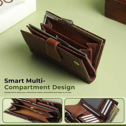 WRIZA Genuine Leather Clutch for Women | Croco Pattern Leather Wallet with 7 Card Slots & 3 Compartments | Slim Travel Purse for Women (Brown)