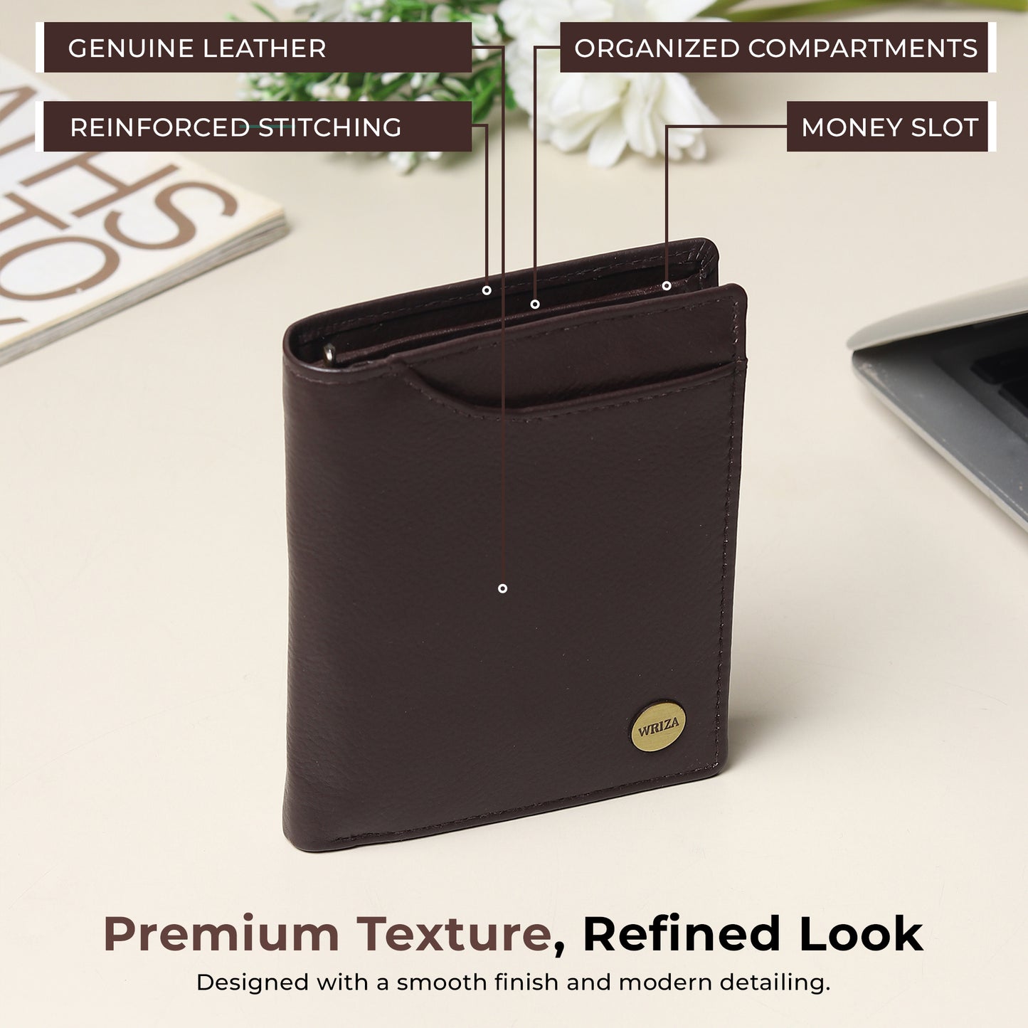 WRIZA Men's Genuine Leather Wallet|Brown RFID Blocking Leather Wallet for Men with Hidden Zip & Coin Pocket | Slim Credit Card Holder Business Wallet
