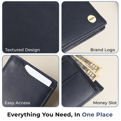 WRIZA Men's Genuine Leather Wallet|Navy Blue RFID Blocking Leather Wallet for Men with Hidden Zip & Coin Pocket | Slim Credit Card Holder Business Wallet
