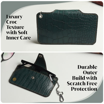 WRIZA Handcrafted Genuine Leather Croc-Embossed Spectacle Cover - Slim Eyeglass Case with Keychain Hook, Portable Sun Glass Pouch for Travel, Forest Green