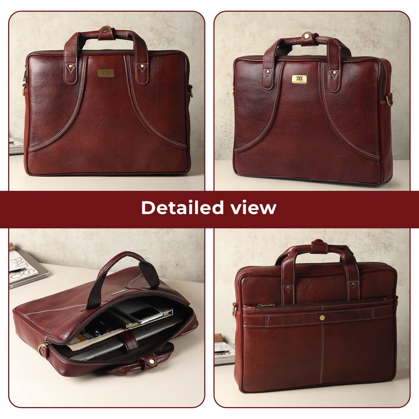 WRIZA Premium Genuine Leather Laptop Bag for Men | 15.6 inch Professional Office Messenger Bag with Adjustable Strap - Brown