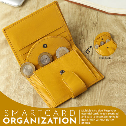 WRIZA Women Mustard Yellow Genuine Leather Two Fold Wallet | Small Purse with Coin Pocket