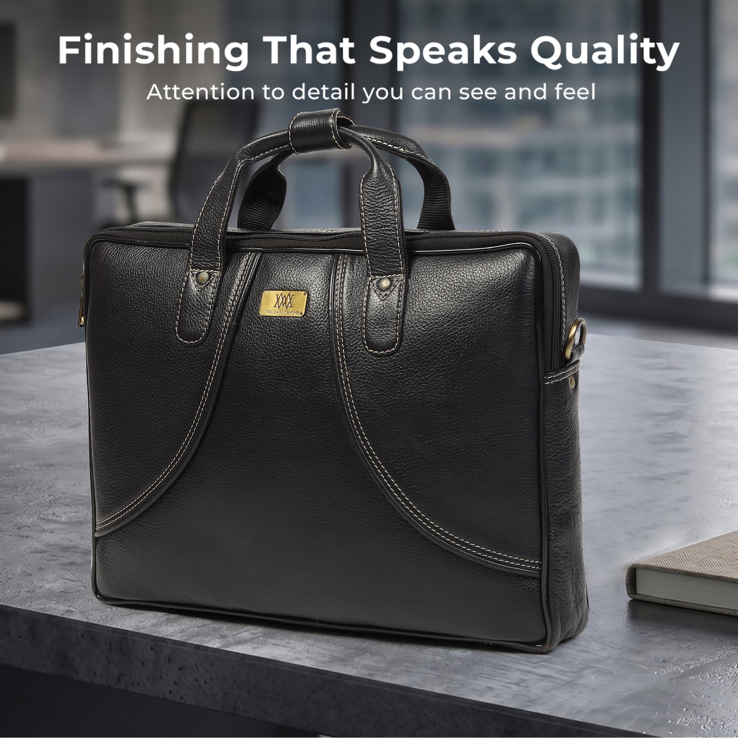 WRIZA Premium Genuine Leather Laptop Bag for Men | 15.6 inch Professional Office Messenger Bag with Adjustable Strap - Black