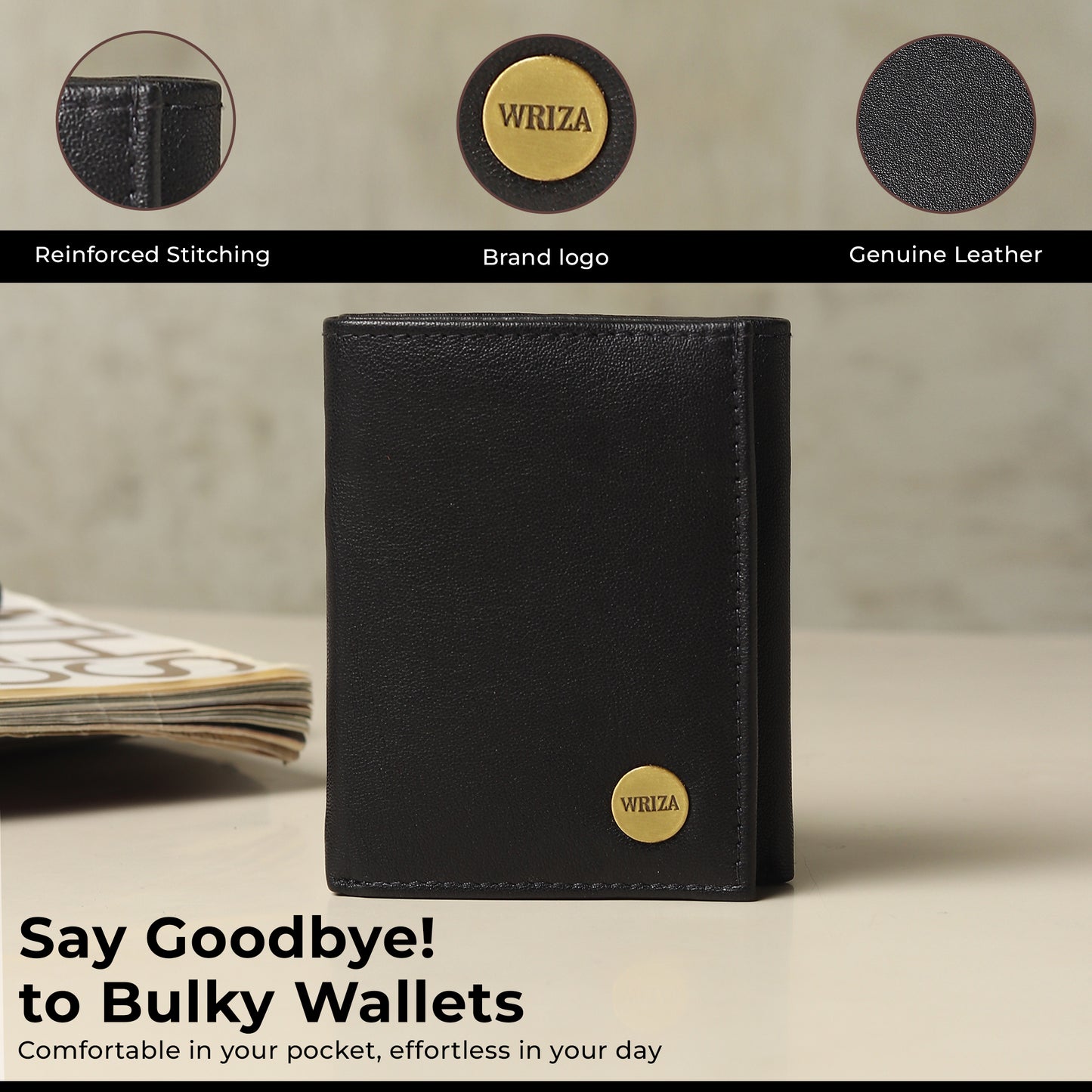 WRIZA Men's Genuine Leather Slim Tri-fold Wallet with RFID Protection, 6 Card Slots, and Zipper Coin Pocket | Minimalist Pebbled Leather Purse for Men (Black)