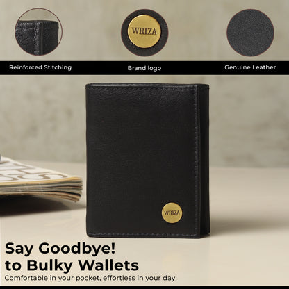 WRIZA Men's Genuine Leather Slim Tri-fold Wallet with RFID Protection, 6 Card Slots, and Zipper Coin Pocket | Minimalist Pebbled Leather Purse for Men (Black)