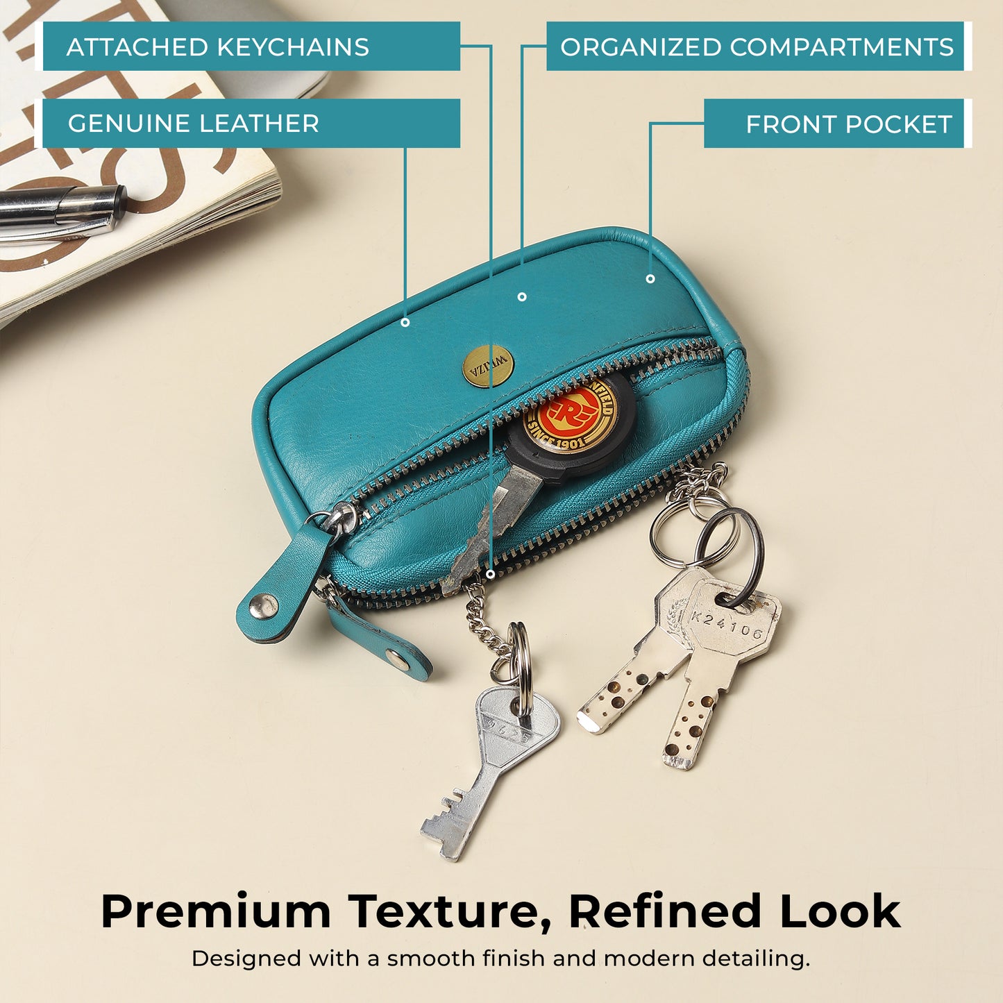 WRIZA Genuine Leather Coin Purse for Women | Mini Key Pouch with Zipper & Keychain Holder