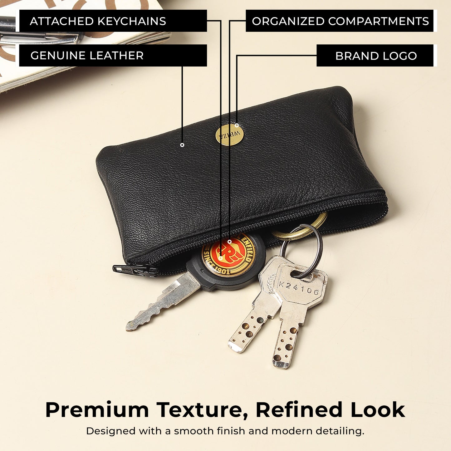 WRIZA Premium Handcrafted Genuine Leather Key Pouch with Zipper & Metallic Ring | Slim Keychain Case for Men & Women