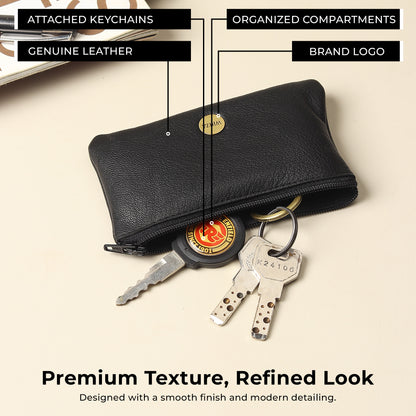 WRIZA Premium Handcrafted Genuine Leather Key Pouch with Zipper & Metallic Ring | Slim Keychain Case for Men & Women