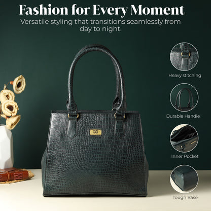 WRIZA Women's Genuine Leather Handbag | Emerald Green Crocodile Textured Tote for Office & Casual Use | Multi-Compartment Satchel Bag with Top Handle