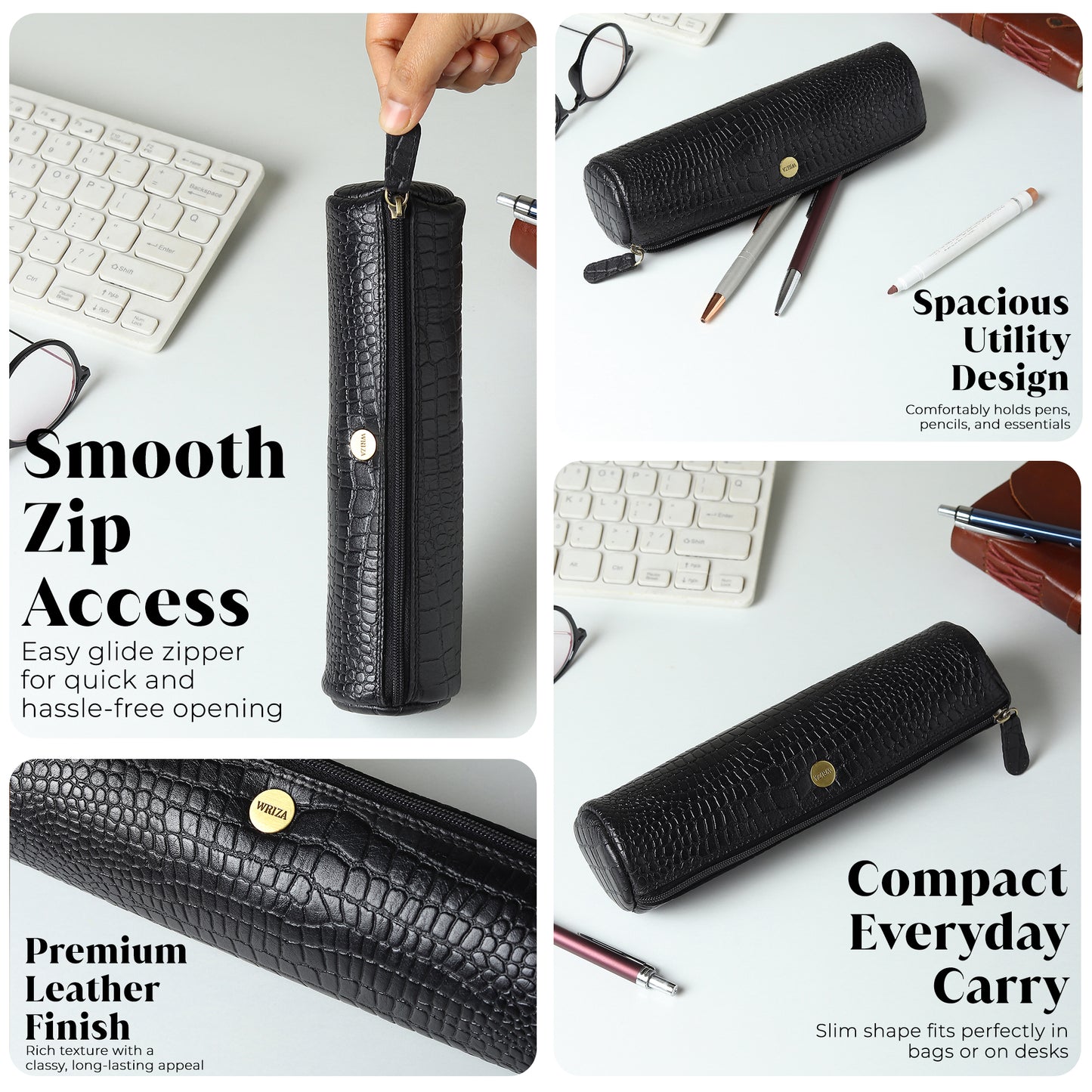 WRIZA Handcrafted Genuine Leather Pen & Pencil Case | Vintage Black Stationary Pouch & Travel Organizer for Professionals, Students, and Artists | Slim Premium Pen Holder Case