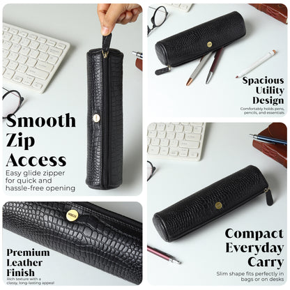 WRIZA Handcrafted Genuine Leather Pen & Pencil Case | Vintage Black Stationary Pouch & Travel Organizer for Professionals, Students, and Artists | Slim Premium Pen Holder Case