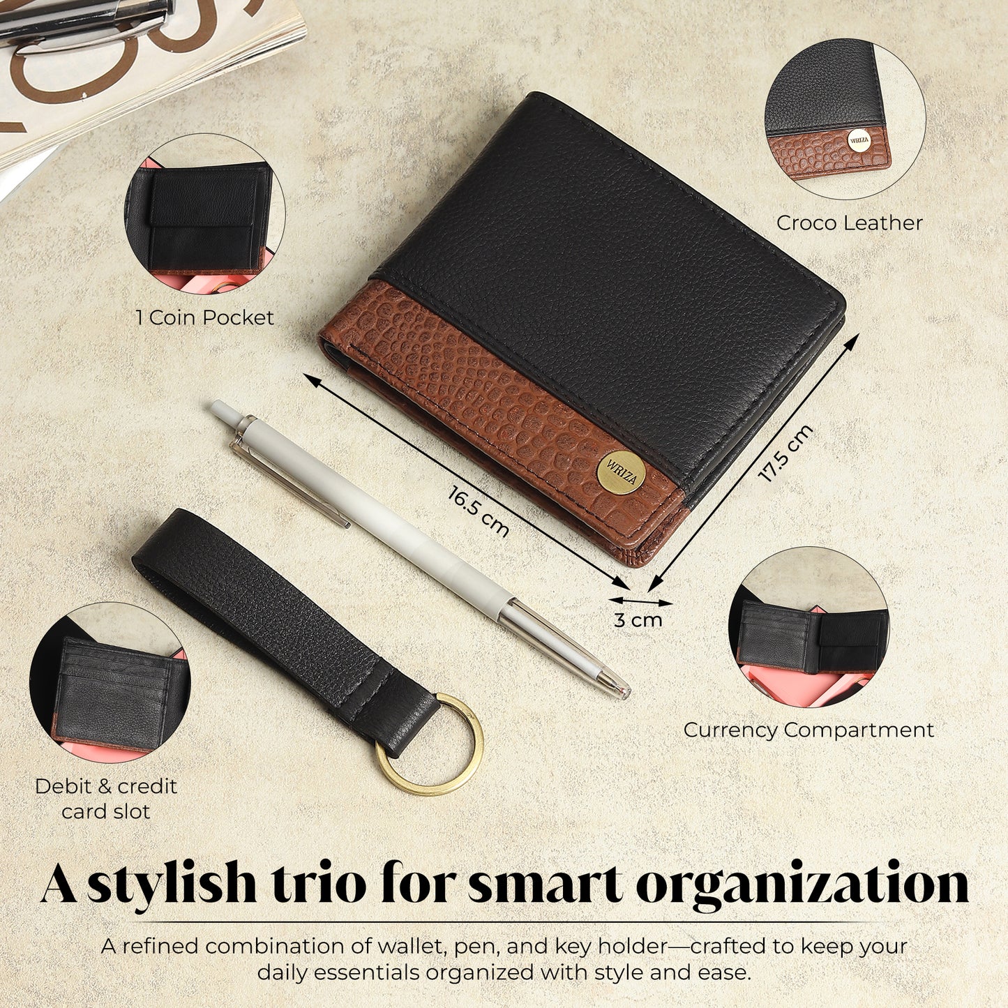 WRIZA Men's Genuine Leather Wallet, Pen & Keychain Gift Set | Premium Croc Texture Combo Box for Birthday, Anniversary & Corporate Gifting