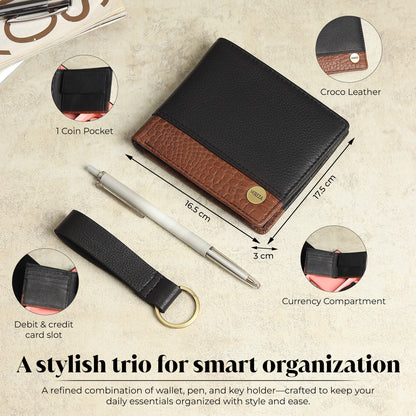 WRIZA Men's Genuine Leather Wallet, Pen & Keychain Gift Set | Premium Croc Texture Combo Box for Birthday, Anniversary & Corporate Gifting