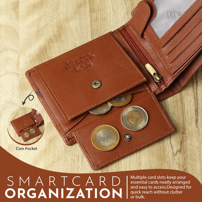 WRIZA Men’s Genuine Leather Bifold Wallet | Premium Textured Finish with Coin Pocket, 2 Currency Compartments & Multiple ID Card Slots | Stylish & Slim Casual Business Wallet for Men (Tan)