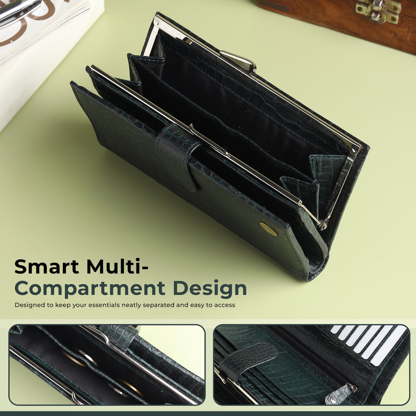WRIZA Women's Genuine Leather Croco Textured Clutch Wallet | 10 Card Slots, 4 Compartments & Coin Pocket | Emerald Green