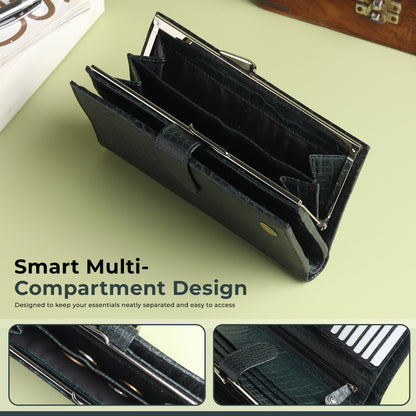 WRIZA Women's Genuine Leather Croco Textured Clutch Wallet | 10 Card Slots, 4 Compartments & Coin Pocket | Emerald Green