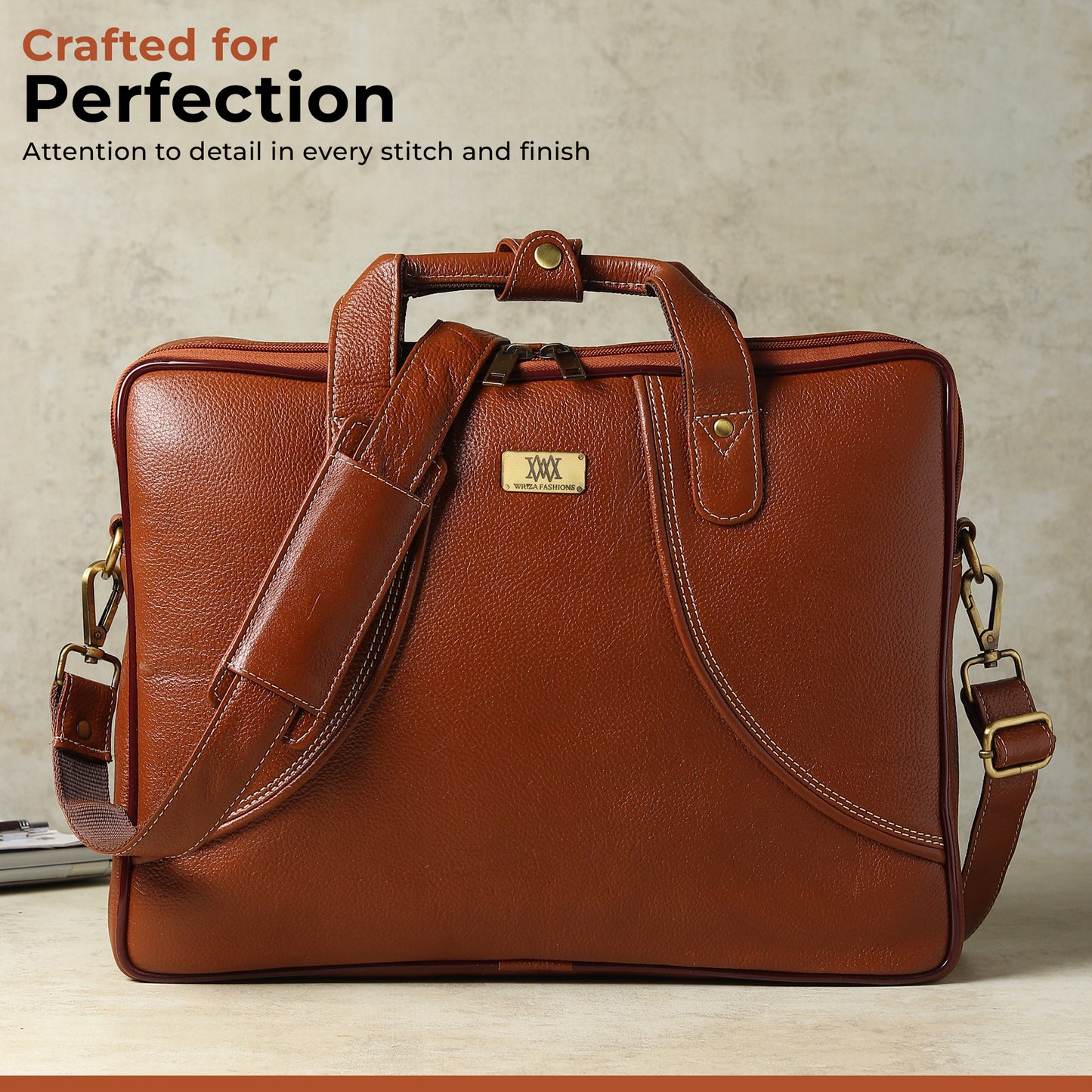 WRIZA Premium Genuine Leather Laptop Bag for Men | 15.6 inch Professional Office Messenger Bag with Adjustable Strap - Tan