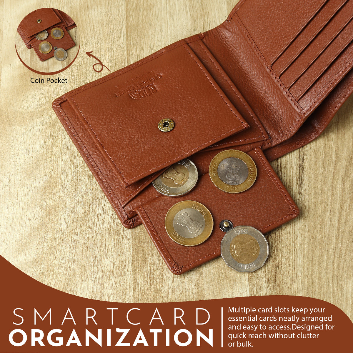 WRIZA Premium Genuine Leather Bi-fold Wallet for Men | Handcrafted Leather Slim Wallet with Coin Pocket, 2 Currency Compartments, and Multiple Credit Card Slots | Elegant Gift Box Included (Rust)