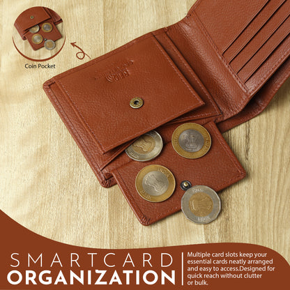 WRIZA Premium Genuine Leather Bi-fold Wallet for Men | Handcrafted Leather Slim Wallet with Coin Pocket, 2 Currency Compartments, and Multiple Credit Card Slots | Elegant Gift Box Included (Rust)