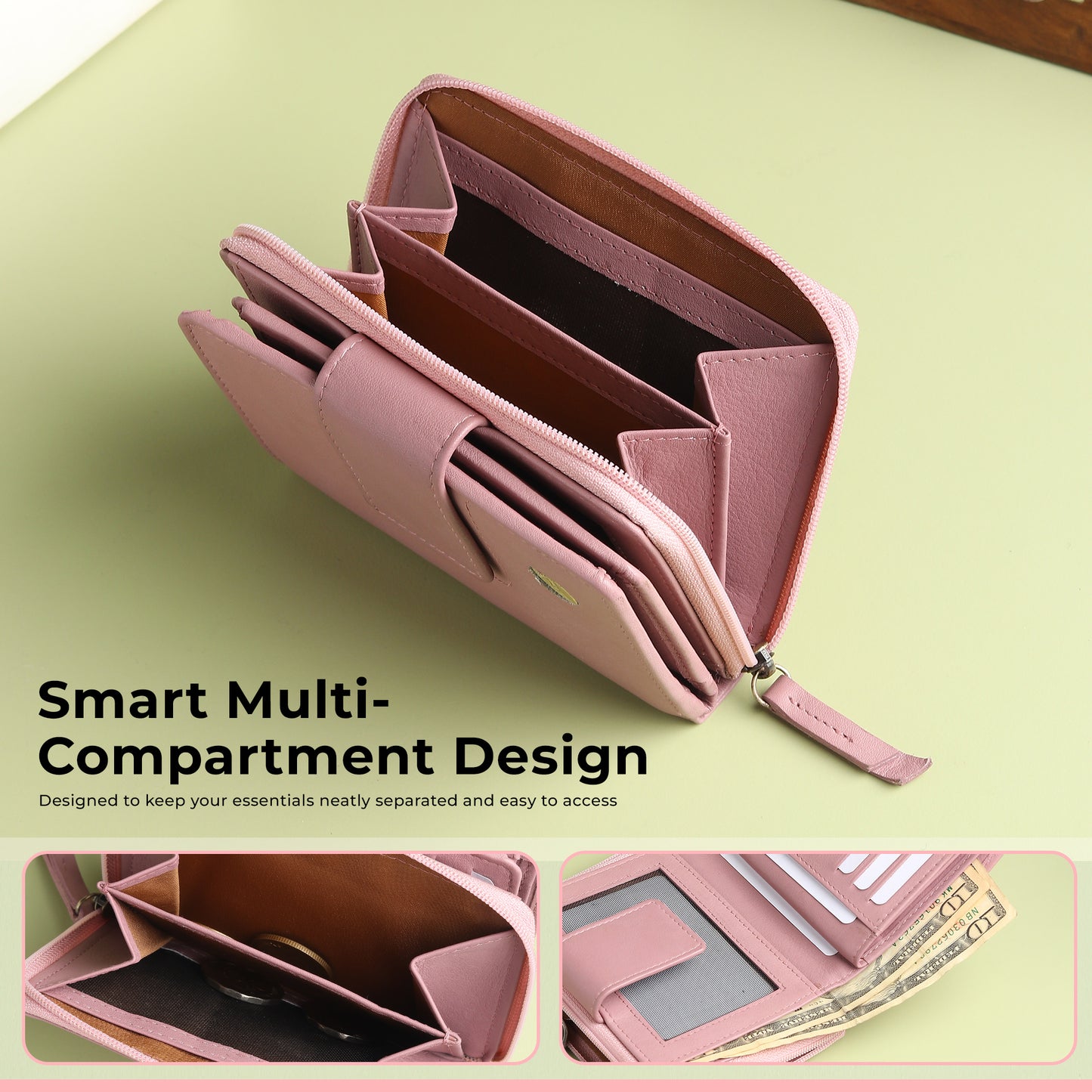 WRIZA Women's Genuine Leather Wallet | Lavender RFID Protected Clutch Purse with 9 Card Slots, ID Window & Zipper Coin Pocket for Gifting