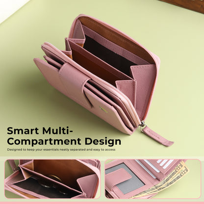 WRIZA Women's Genuine Leather Wallet | Lavender RFID Protected Clutch Purse with 9 Card Slots, ID Window & Zipper Coin Pocket for Gifting