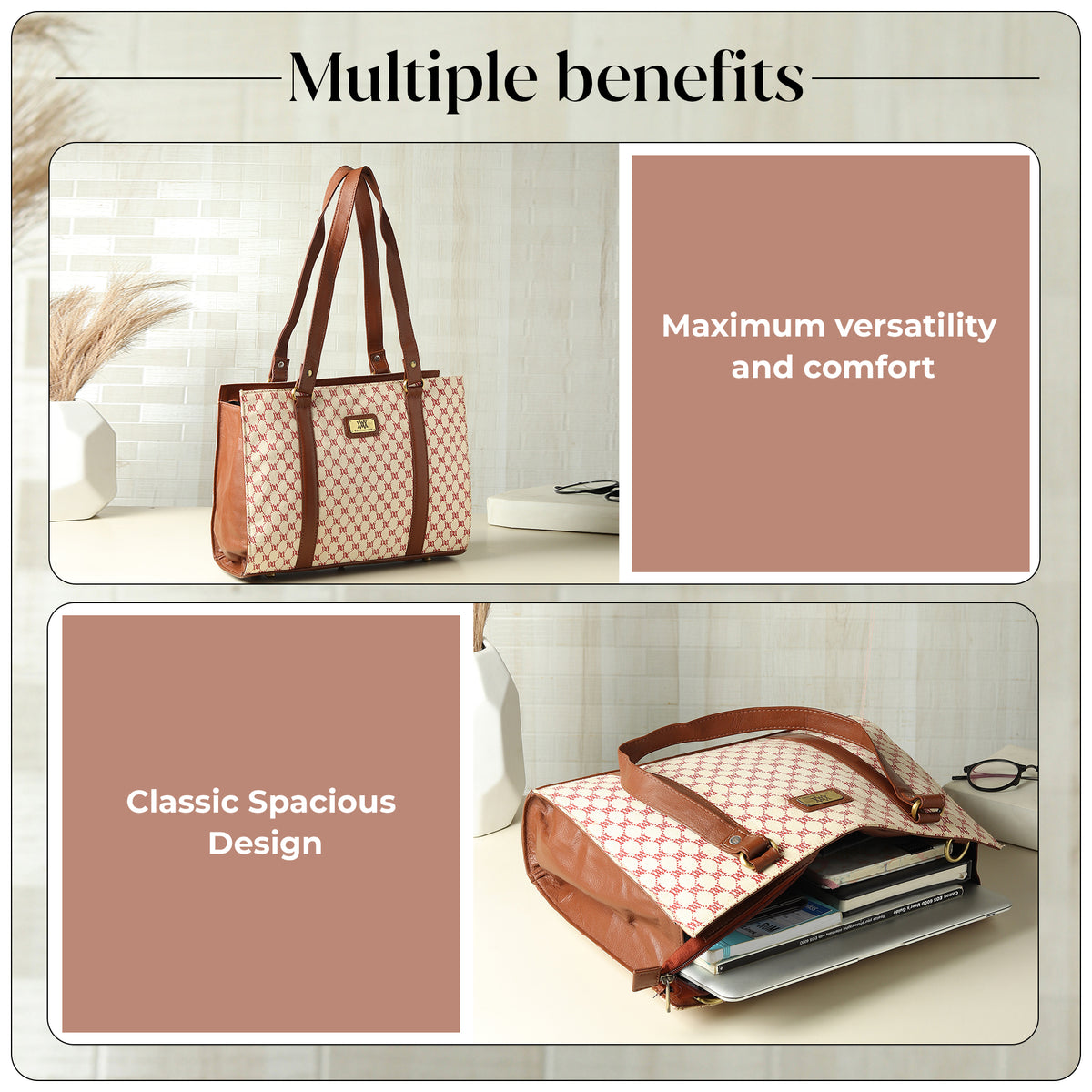 WRIZA Women's Genuine Leather Tote Bag | Large Office Handbag with Laptop Compartment | Monogram Printed Textured Shoulder Bag for Work & Travel