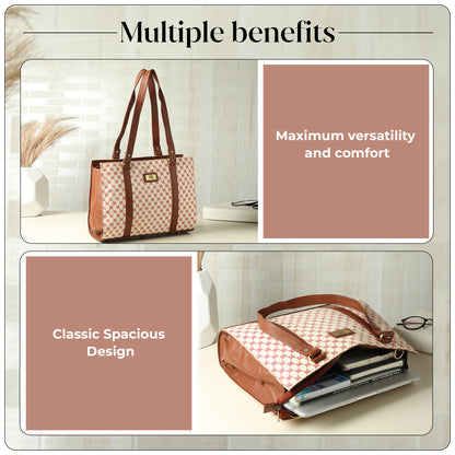 WRIZA Women's Genuine Leather Tote Bag | Large Office Handbag with Laptop Compartment | Monogram Printed Textured Shoulder Bag for Work & Travel