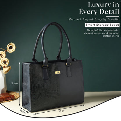 WRIZA Genuine Leather Handbag for Women | Dark Blue & Green Croco Textured Tote Bag for Office & Travel | Large Multipurpose Shoulder Bag Fits Laptop & Bottle