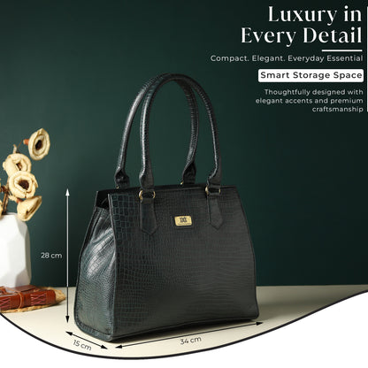 WRIZA Women's Genuine Leather Handbag | Emerald Green Crocodile Textured Tote for Office & Casual Use | Multi-Compartment Satchel Bag with Top Handle