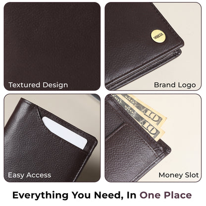 WRIZA Men's Genuine Leather Wallet|Brown RFID Blocking Leather Wallet for Men with Hidden Zip & Coin Pocket | Slim Credit Card Holder Business Wallet