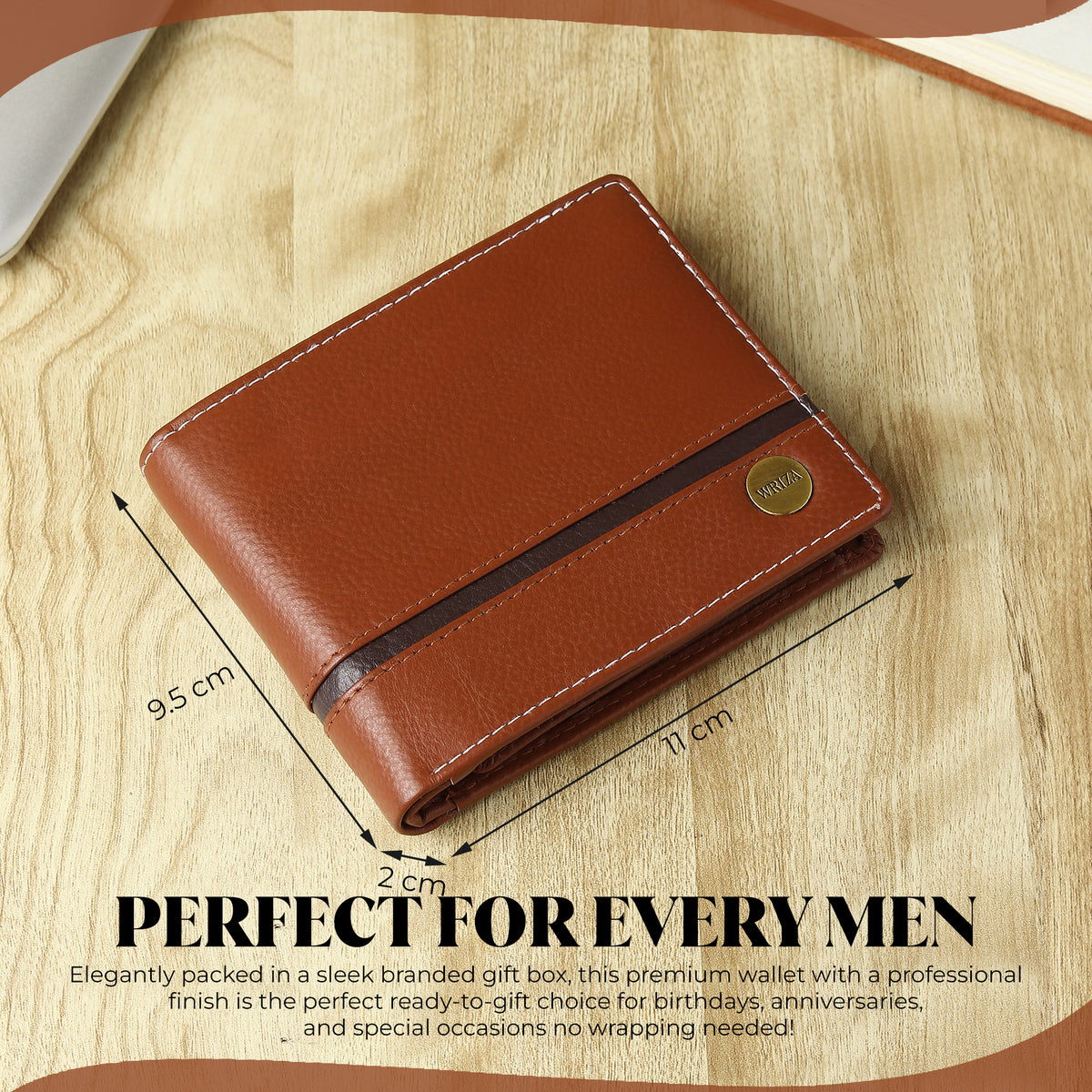 WRIZA Men’s Genuine Leather Bifold Wallet | Premium Textured Finish with Coin Pocket, 2 Currency Compartments & Multiple ID Card Slots | Stylish & Slim Casual Business Wallet for Men (Tan)