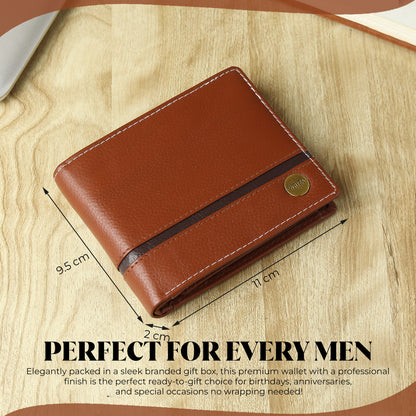 WRIZA Men’s Genuine Leather Bifold Wallet | Premium Textured Finish with Coin Pocket, 2 Currency Compartments & Multiple ID Card Slots | Stylish & Slim Casual Business Wallet for Men (Tan)