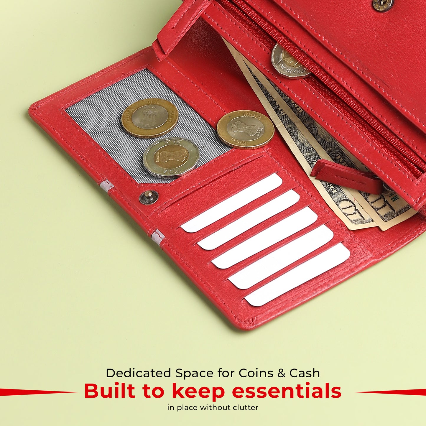 WRIZA Genuine Leather Women’s Wallet with RFID Protection | Stylish Red Clutch Purse with Multiple Card Slots, Coin Pocket & Spacious Compartment for Ladies