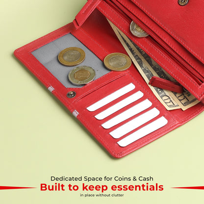 WRIZA Genuine Leather Women’s Wallet with RFID Protection | Stylish Red Clutch Purse with Multiple Card Slots, Coin Pocket & Spacious Compartment for Ladies