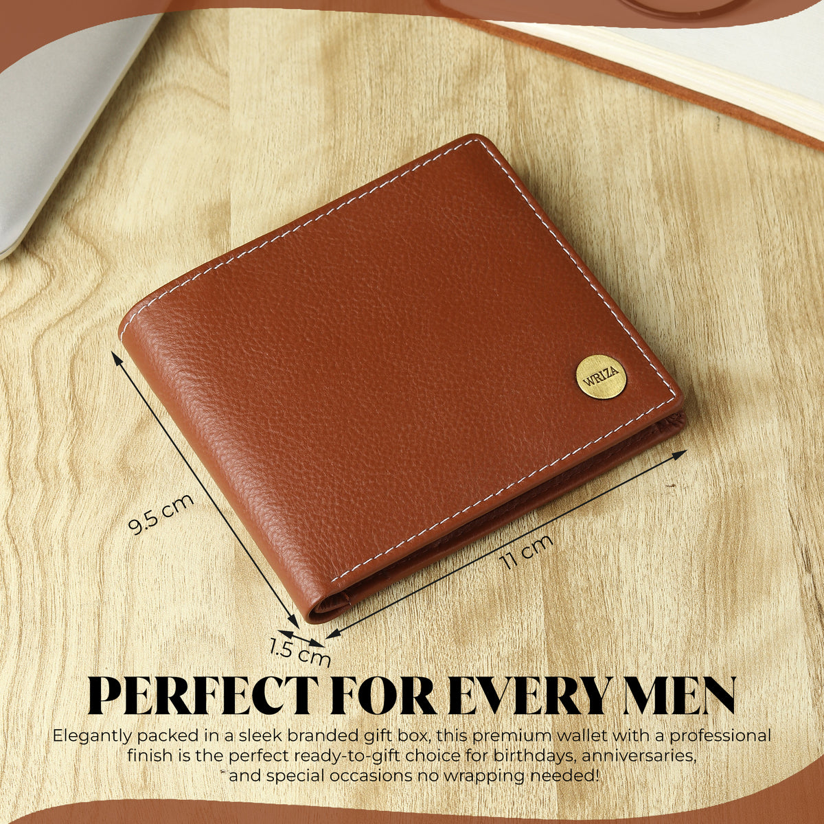 WRIZA Premium Genuine Leather Bi-fold Wallet for Men | Handcrafted Leather Slim Wallet with Coin Pocket, 2 Currency Compartments, and Multiple Credit Card Slots | Elegant Gift Box Included (Rust)