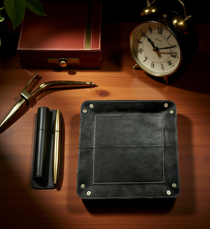 WRIZA Handcrafted Genuine Leather Valet Tray | Foldable Desk Organizer Catchall for Keys, Wallet, Phone & Office Stationery