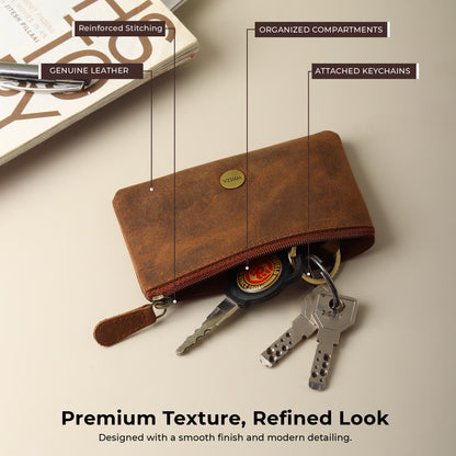 WRIZA Premium Handcrafted Genuine Leather Key Pouch with Zipper & Metallic Ring | Slim Keychain Case for Men & Women