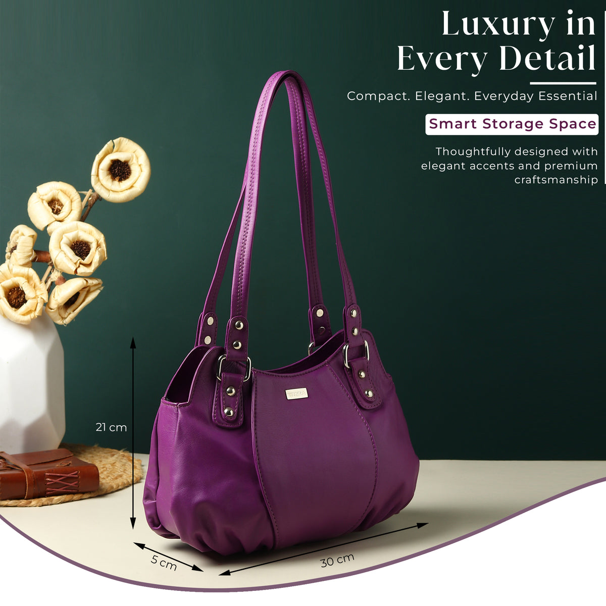 WRIZA Luxury Purple Genuine Leather Handbag for Women | Premium Textured Shoulder Bag with Multiple Zip Compartments | Stylish Ladies Purse for Office & Casual Use | Durable Top-Handle Satchel