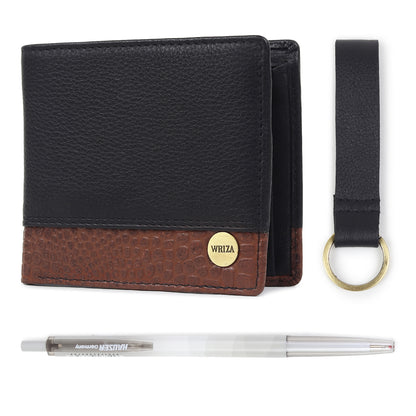 WRIZA Men's Genuine Leather Wallet, Pen & Keychain Gift Set | Premium Croc Texture Combo Box for Birthday, Anniversary & Corporate Gifting