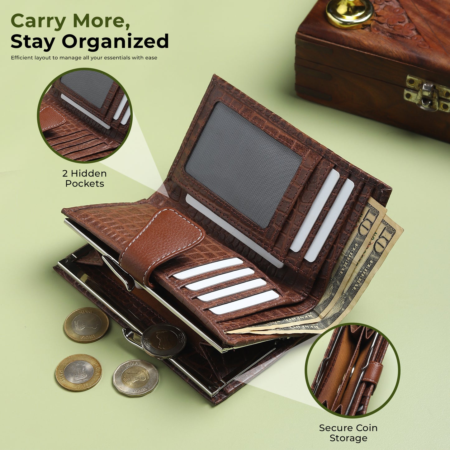 WRIZA Genuine Leather Clutch for Women | Croco Pattern Leather Wallet with 7 Card Slots & 3 Compartments | Slim Travel Purse for Women (Brown)