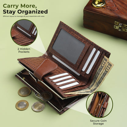 WRIZA Genuine Leather Clutch for Women | Croco Pattern Leather Wallet with 7 Card Slots & 3 Compartments | Slim Travel Purse for Women (Brown)