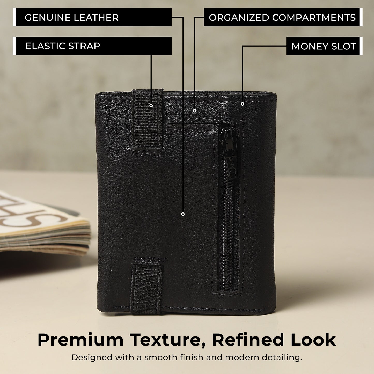 WRIZA Men's Genuine Leather Slim Tri-fold Wallet with RFID Protection, 6 Card Slots, and Zipper Coin Pocket | Minimalist Pebbled Leather Purse for Men (Black)