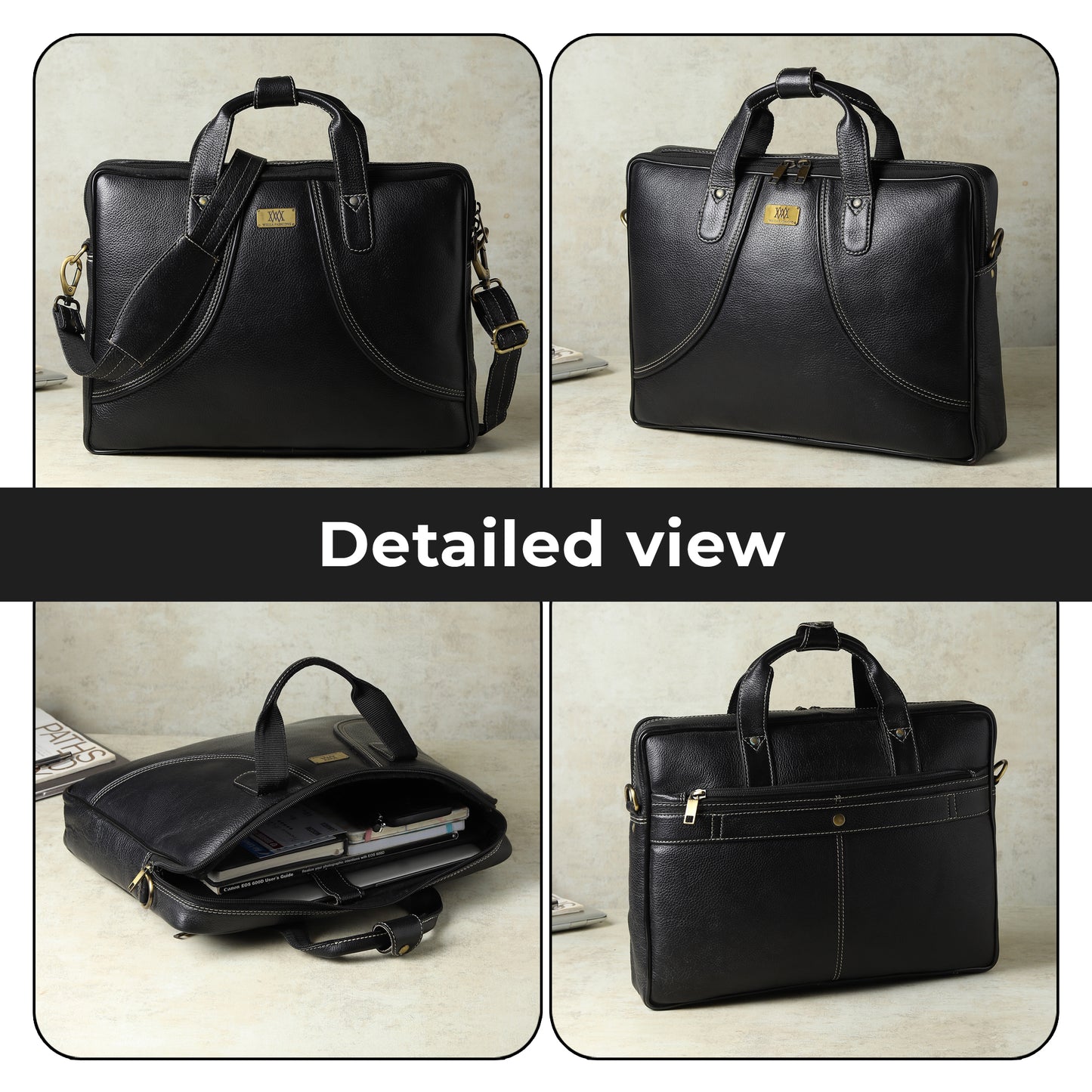 WRIZA Premium Genuine Leather Laptop Bag for Men | 15.6 inch Professional Office Messenger Bag with Adjustable Strap - Black