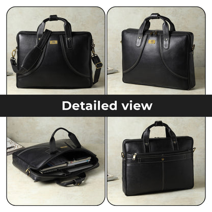 WRIZA Premium Genuine Leather Laptop Bag for Men | 15.6 inch Professional Office Messenger Bag with Adjustable Strap - Black
